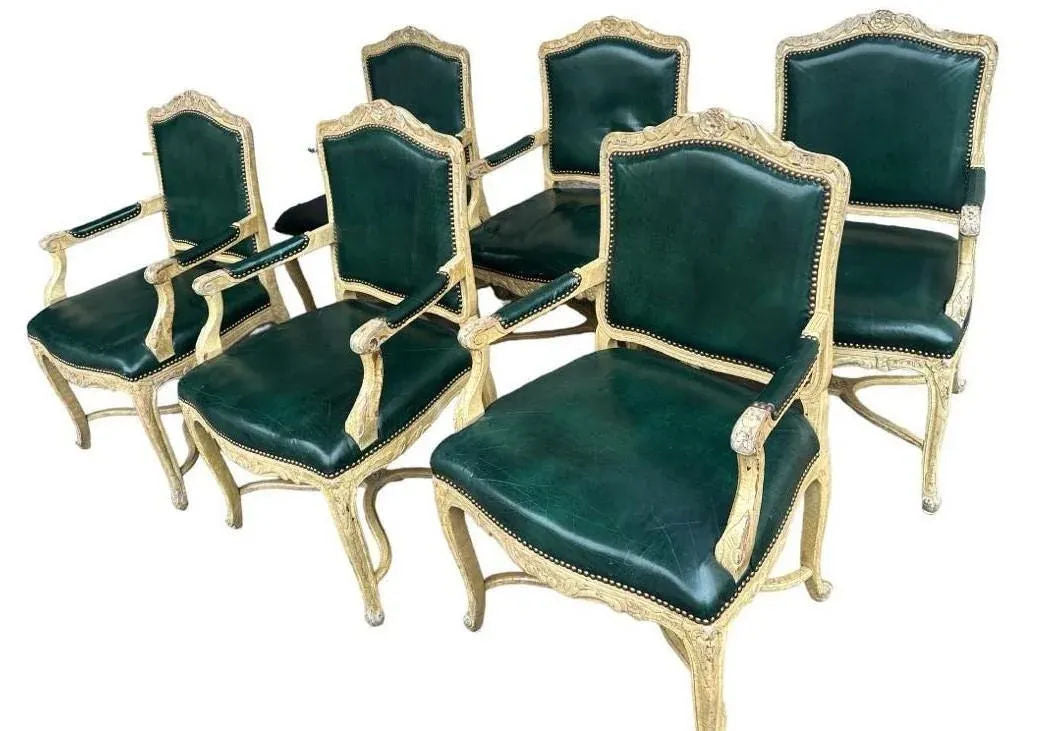 Vintage French Louis XV Fauteuils With Leather Upholstery and Distressed Finish - Late 20th Century - Image 5