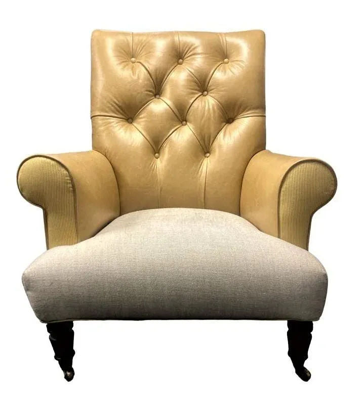 Ralph Lauren Home Vintage Chesterfield Chair and Ottoman Reupholstered With Otomi Hand Embroidery and Leather - Image 5