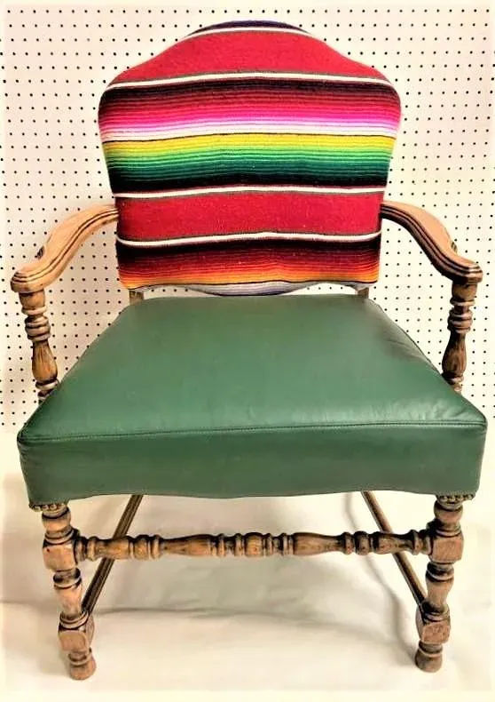 Early 20th Century Spanish Revival Arm Chair With of Colorful Sarape and Italian Leather Upholstery - Image 5