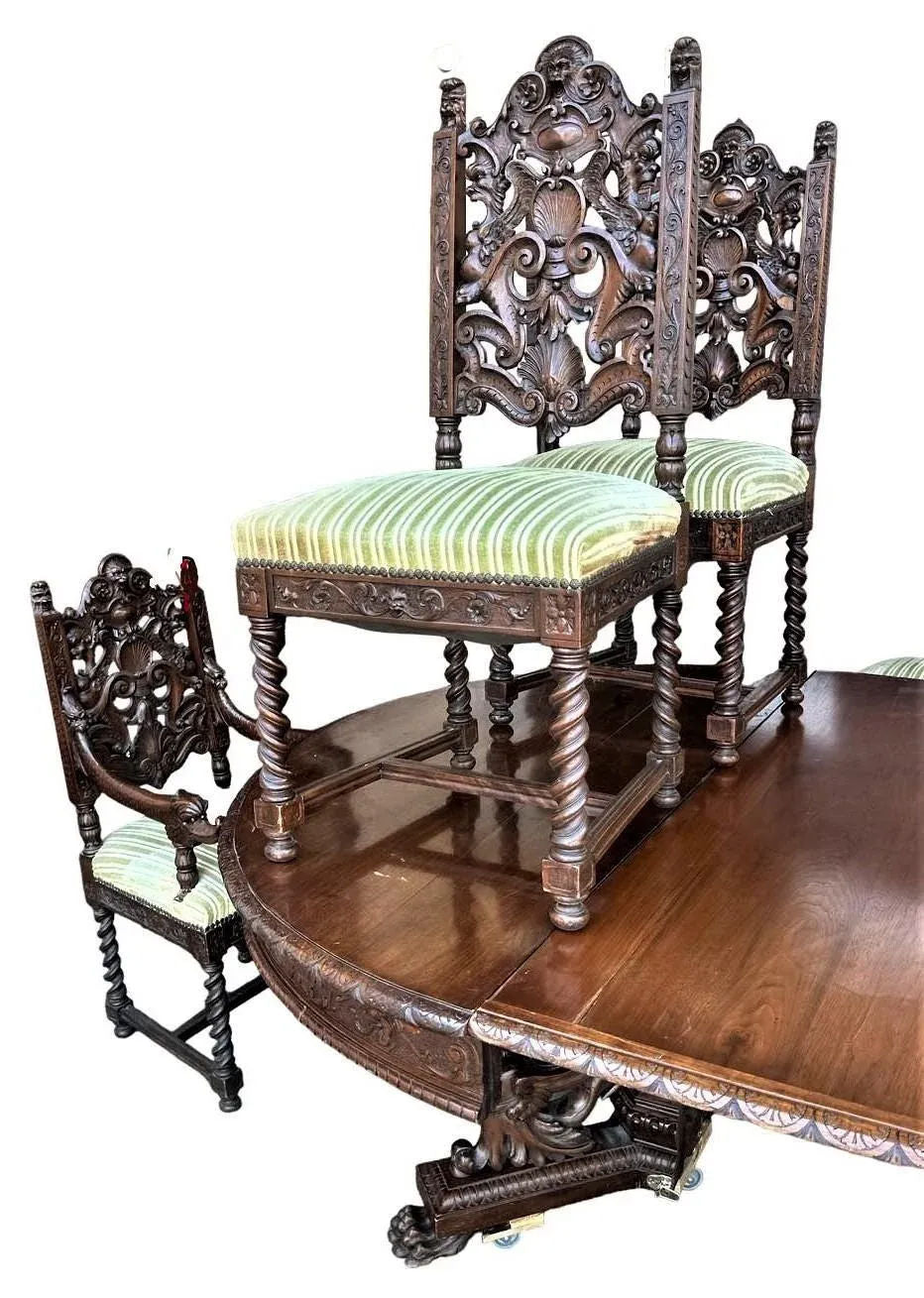 Monumental 10' X 5.5' Renaissance Revival French Walnut Banquet Table With 12 Chairs - Antique Circa Mid 19th Century - Image 5