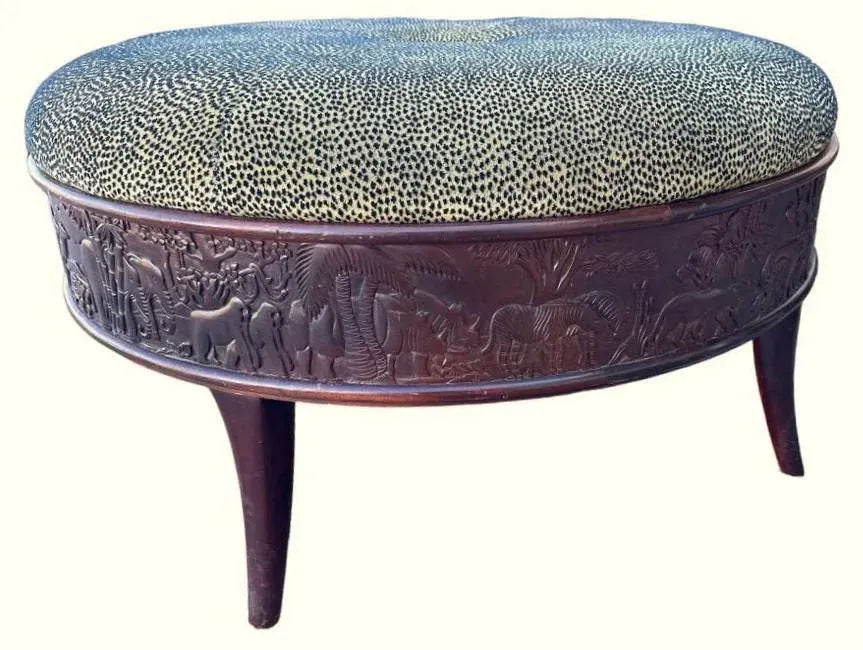 Sam Moore Safari Round Cocktail Ottoman With Carved Teakwood Frame and Cheetah Print Upholstery - Image 5