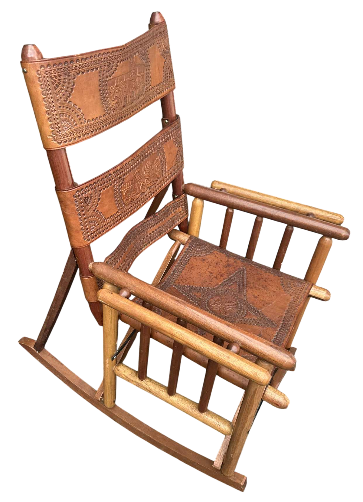 Late 20th Century Costa Rican Vintage Teak and Embossed Leather Folding Rocking Chairs - A Pair - Image 5