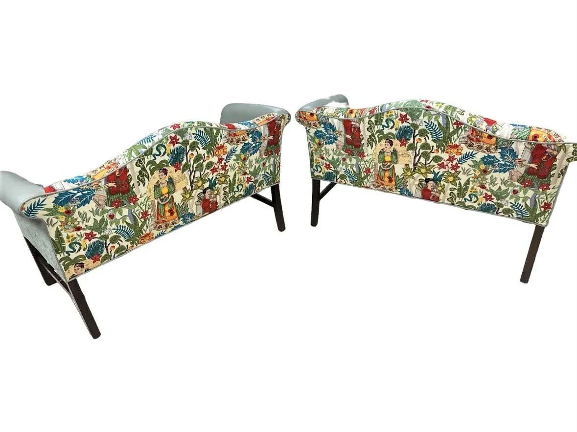 Pair of Chippendale Camelback Settees in ‘Frida’s Garden’ Chintz and Celadon Leather and Velvet - Image 5