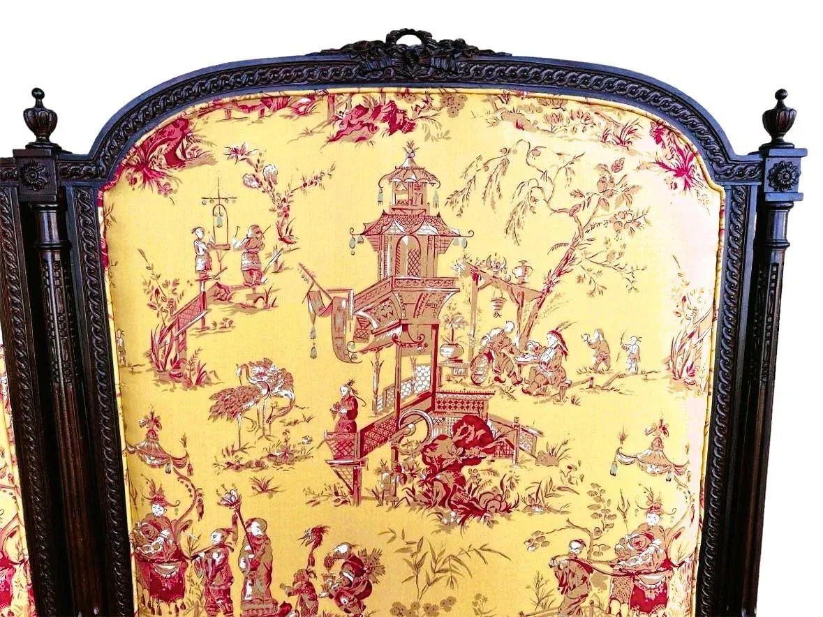 New Schumacher ‘Chinois’ Fabric on Antique Louis XVI King Size Mahogany Headboard - Image 5