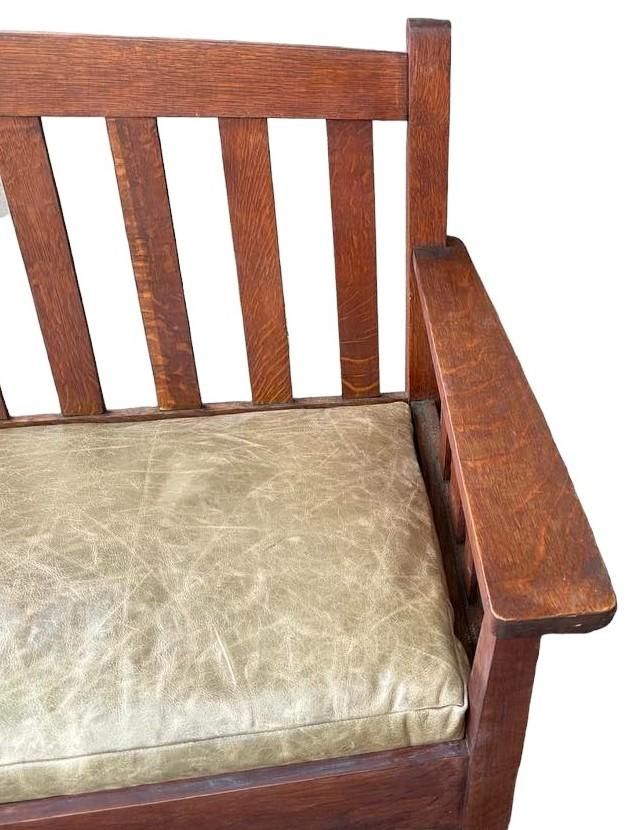 Antique Stickley Brothers Grand Rapids Mission Oak Settee With New Pullup Leather Seat Upholstery - Circa 1900 - Image 5