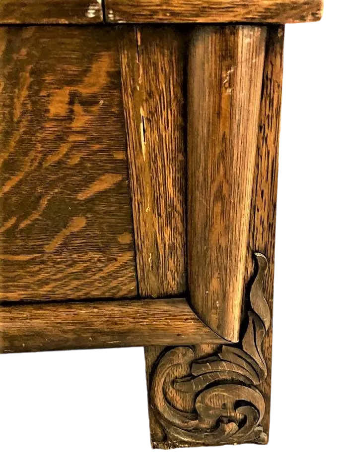 Antique William Morris Style English Arts & Crafts Movement Oak Carved High Back Monk's Bench - Image 5