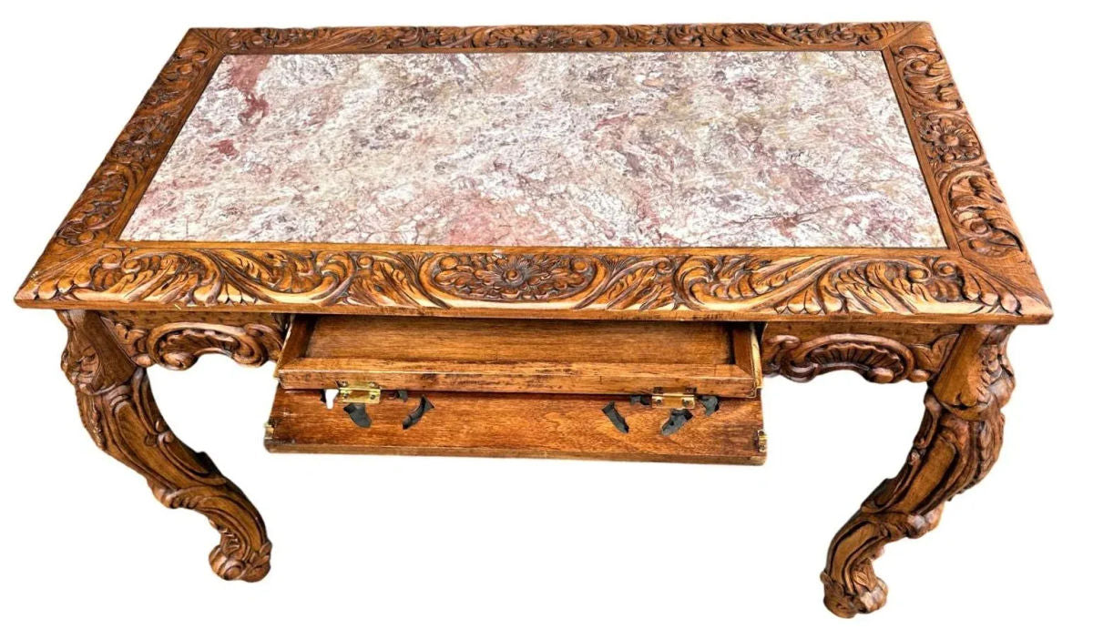 Spanish Baroque Style Heavily Carved Desk and Chair Set With Marble Inserts - Circa 1990 - Image 5