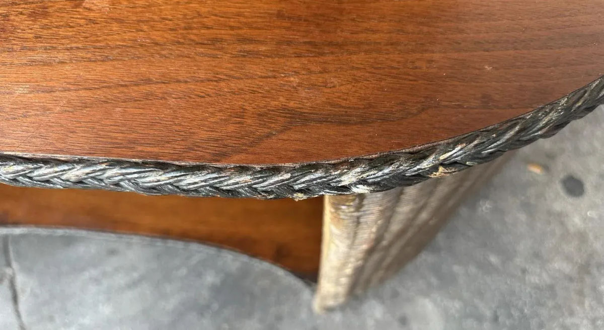 Antique 1920s Lloyd Loom Wicker and Cherry Wood Console Table - Image 5