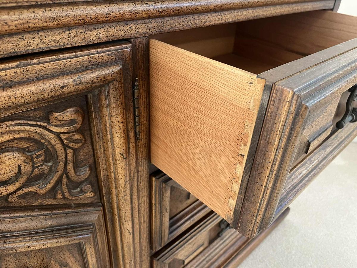 Spanish Revival Vintage Carved Solid Oak Triple Dresser With Mirrors Crafted in North Carolina by United Furniture - Image 5
