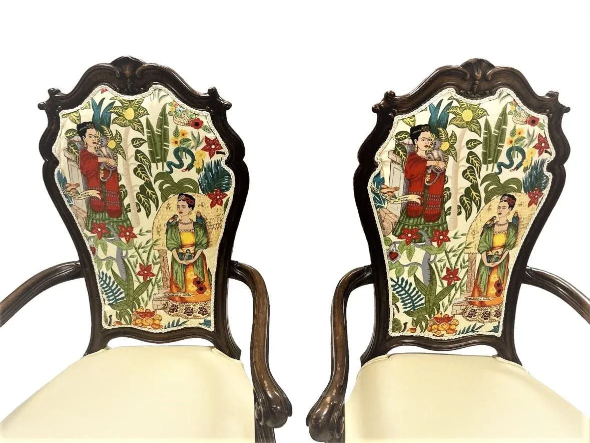 Pair of Vintage Karges Fauteuils With New Leather and 'Frida's Garden' Chintz Upholstery - Image 5
