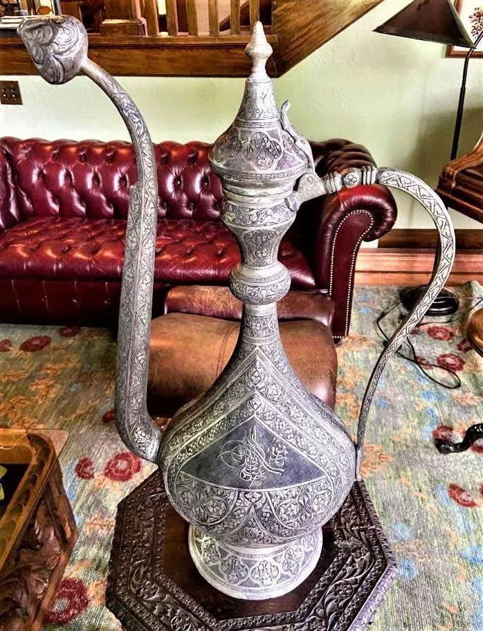 Antique Large Turkish Islamic Pewter Engraved Ewer - Early 20th Century - Image 5