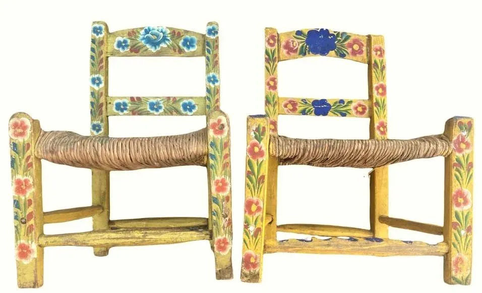 Vintage Mexican Doll's Chairs - Hand Painted With Rush Seats - Mid 20th Century - Image 5