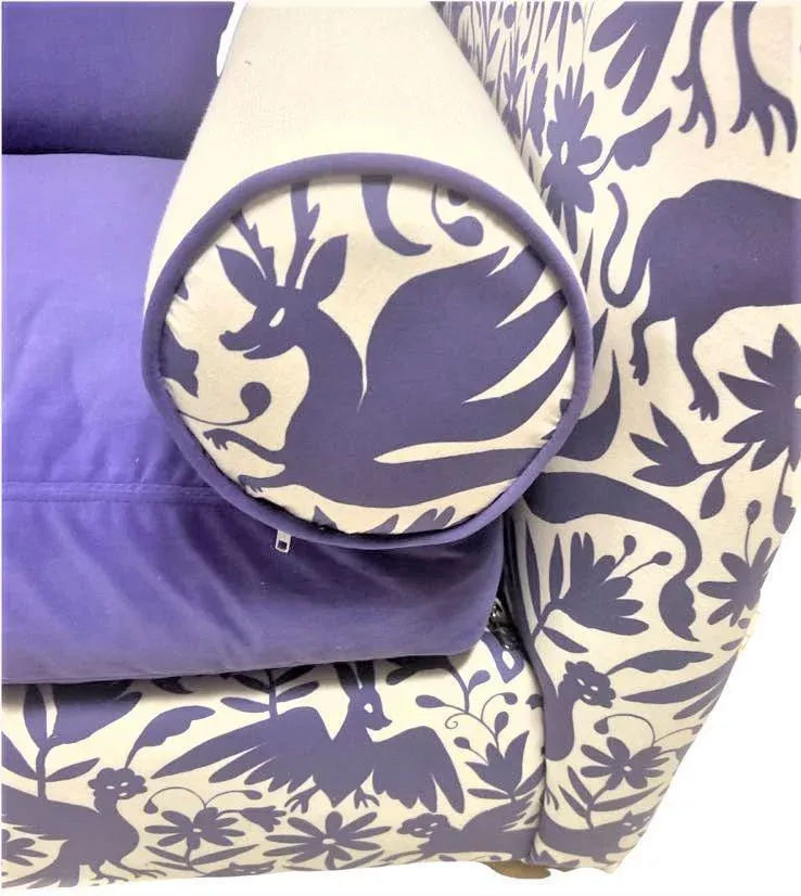 Otomi Print and Velvet Upholstery on Large Mid 20th Century Vintage Hollywood Regency Tuxedo Sofa - Image 5