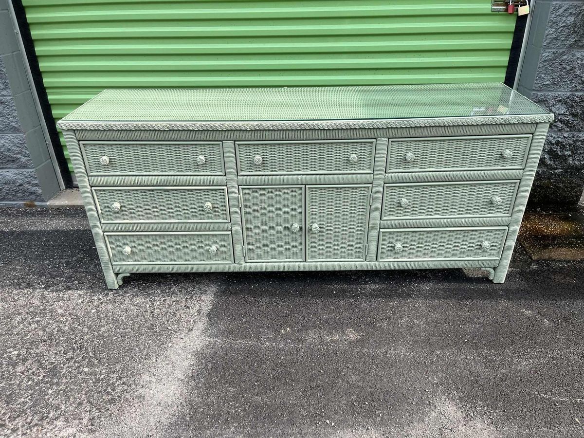Henry Link Lexington Coastal Wicker Dresser and Mirror Set Circa 1980s - Newly Painted in Sage - Image 5