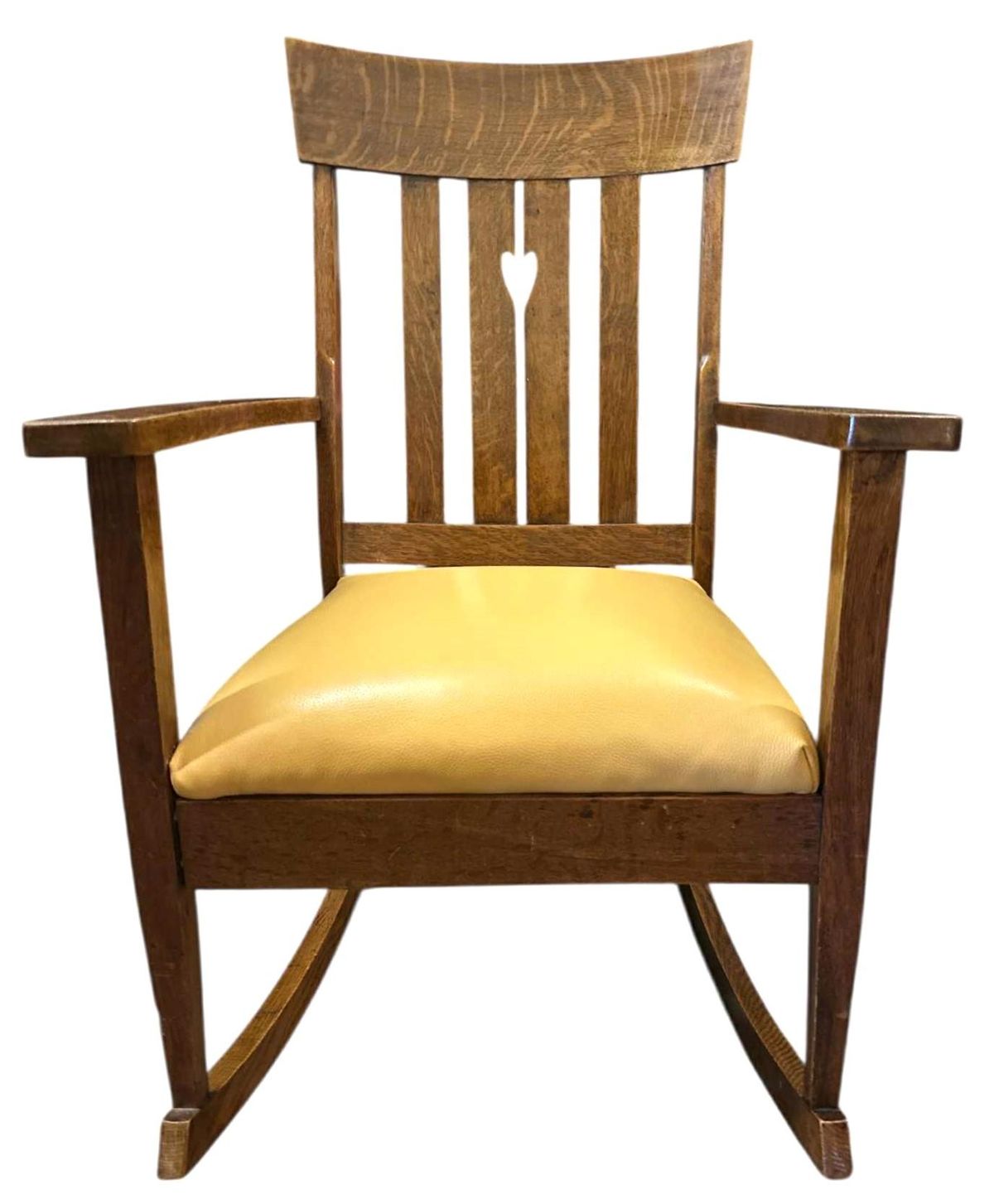 Antique Arts and Crafts Quarter Sawn Oak Rocking Chair With Heart Cutout and New Mustard Leather Seat - Circa 1905 - Image 5