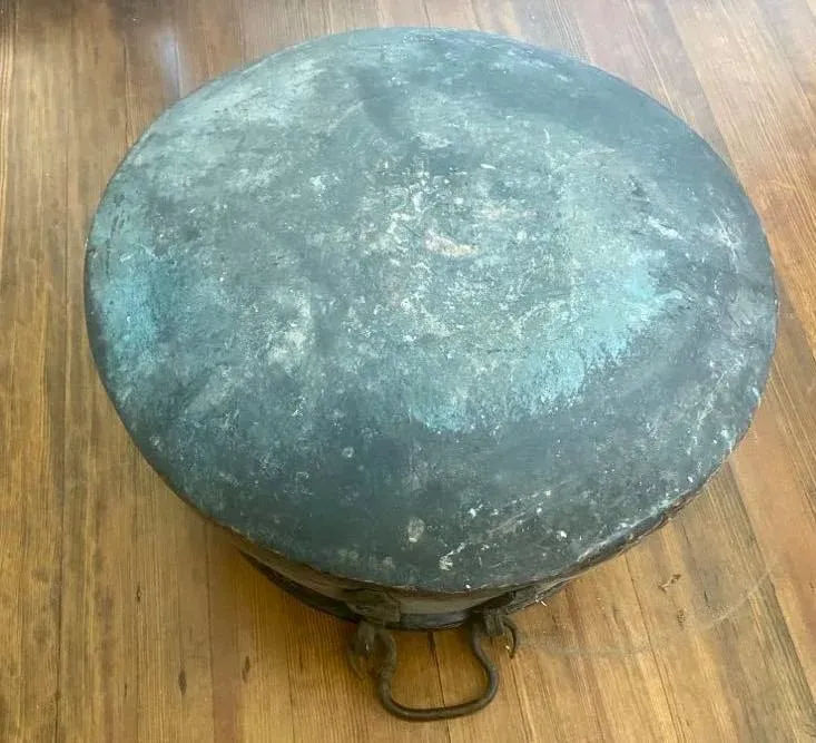 Large Antique Hammered Copper Cauldron With Hand Wrought Iron Handles - Image 5