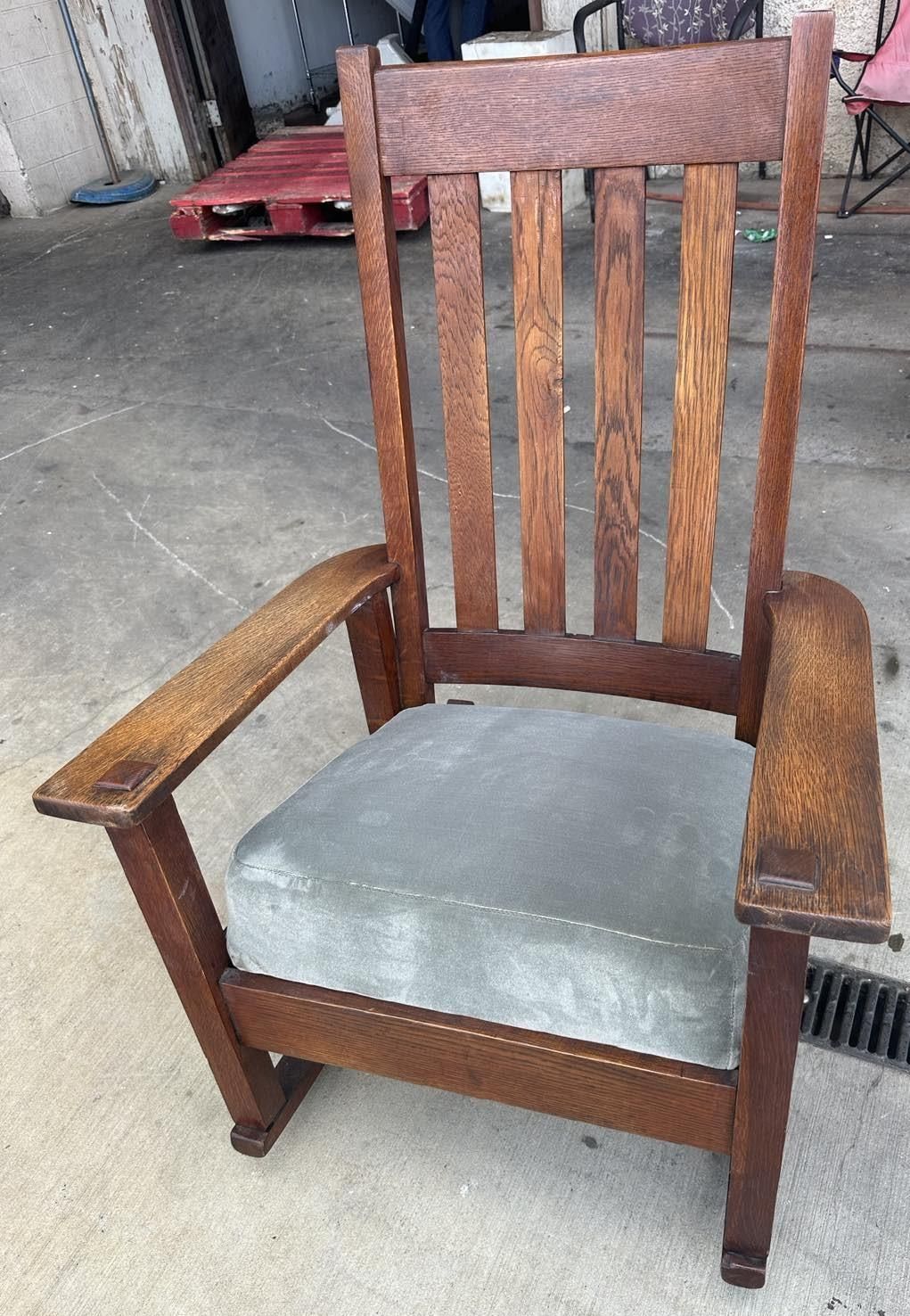 Antique Stickley Brothers Grand Rapids Mission Oak Rocking Chair With New Mohair Upholstery - Circa 1900 - Image 5