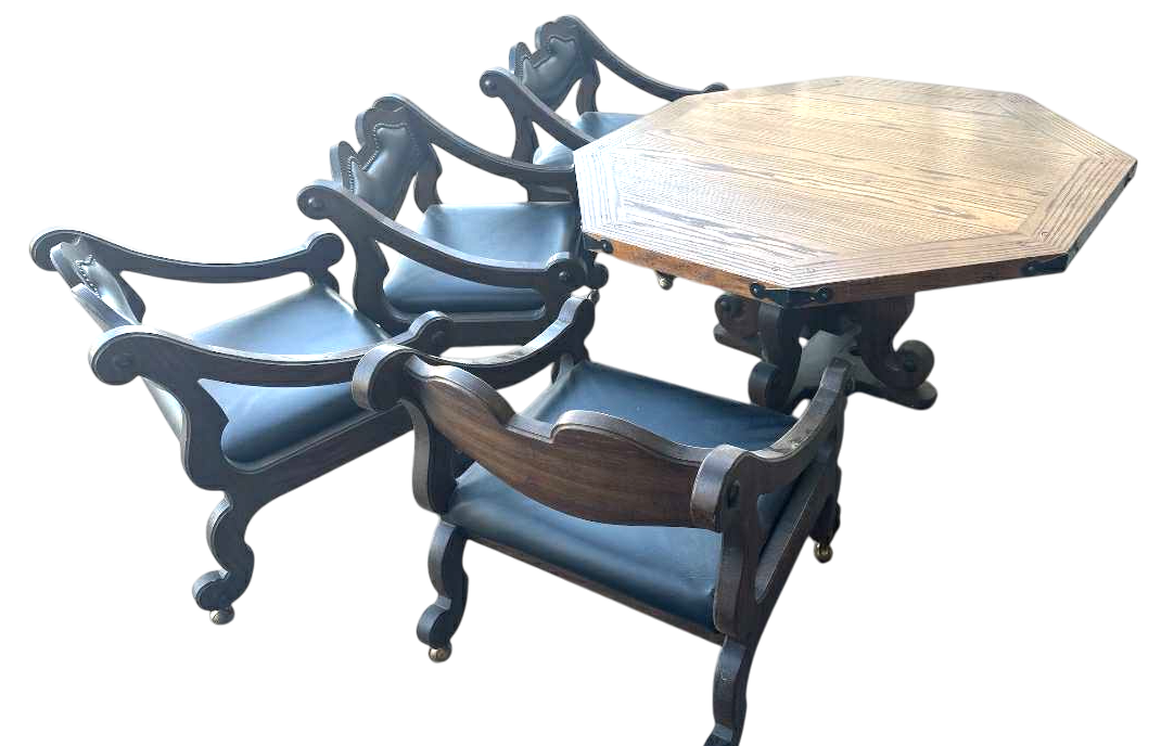 Solid Oak Spanish Colonial Revival Octagonal Game Table and Four Chairs on Brass Casters - Vintage Late 20th Century - Image 5