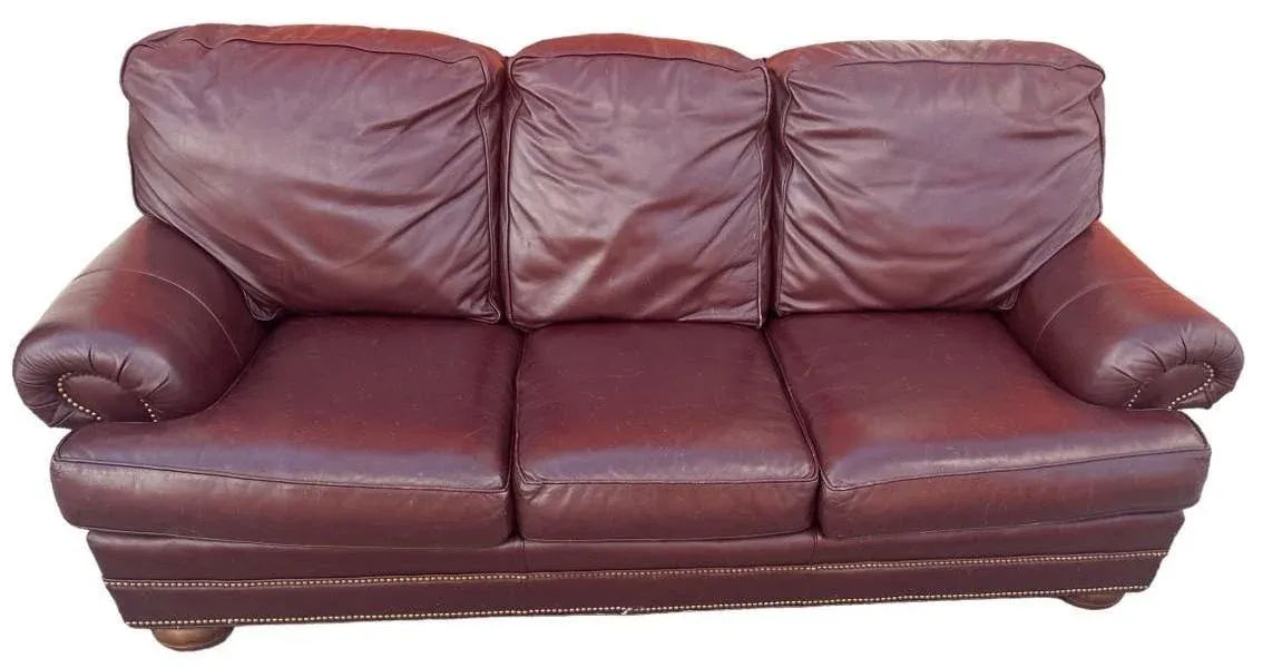 Thomasville Burgundy Leather 92” Sofa With Nail Head Trim - Image 5