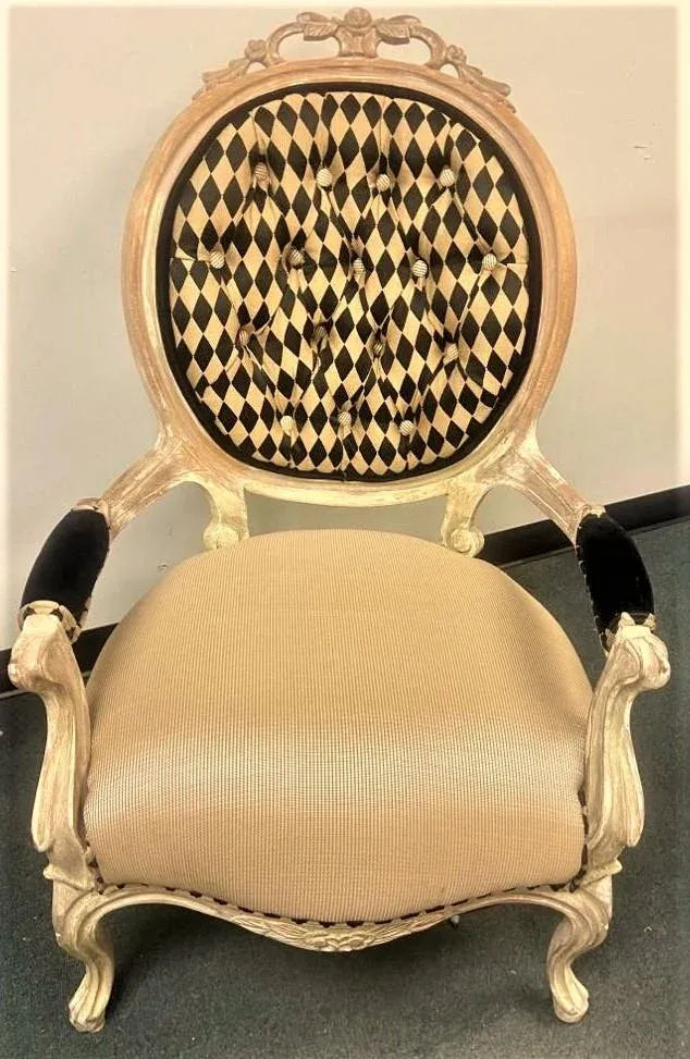 Antique 19th Century Louis XV Fauteuil in Cerused Walnut With New Black and Gold Harlequin Upholstery - Image 5