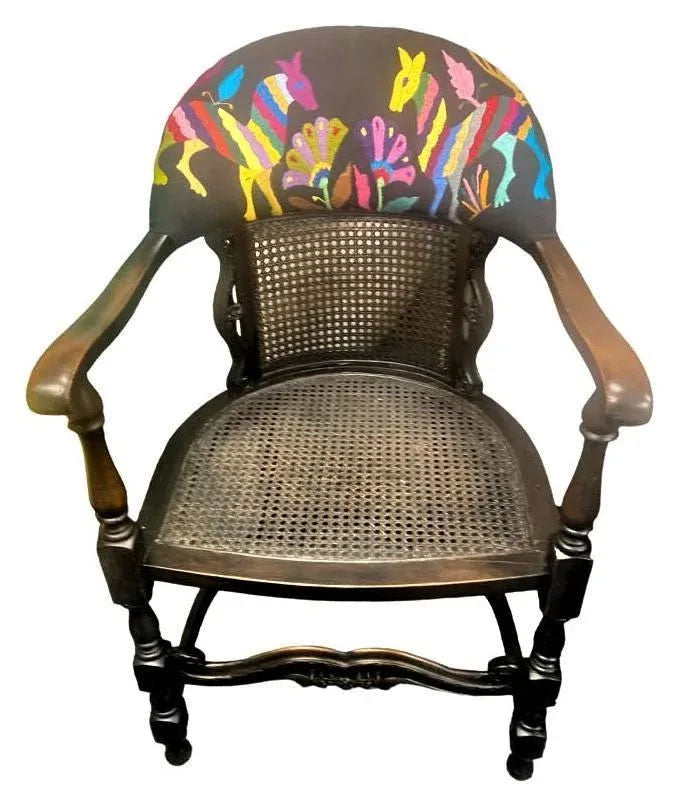 Set of 2 Ornate Spanish Revival Fauteuils With New Otomi Embroidery and Leather Upholstery - Early 20th Century Antiques - Image 5