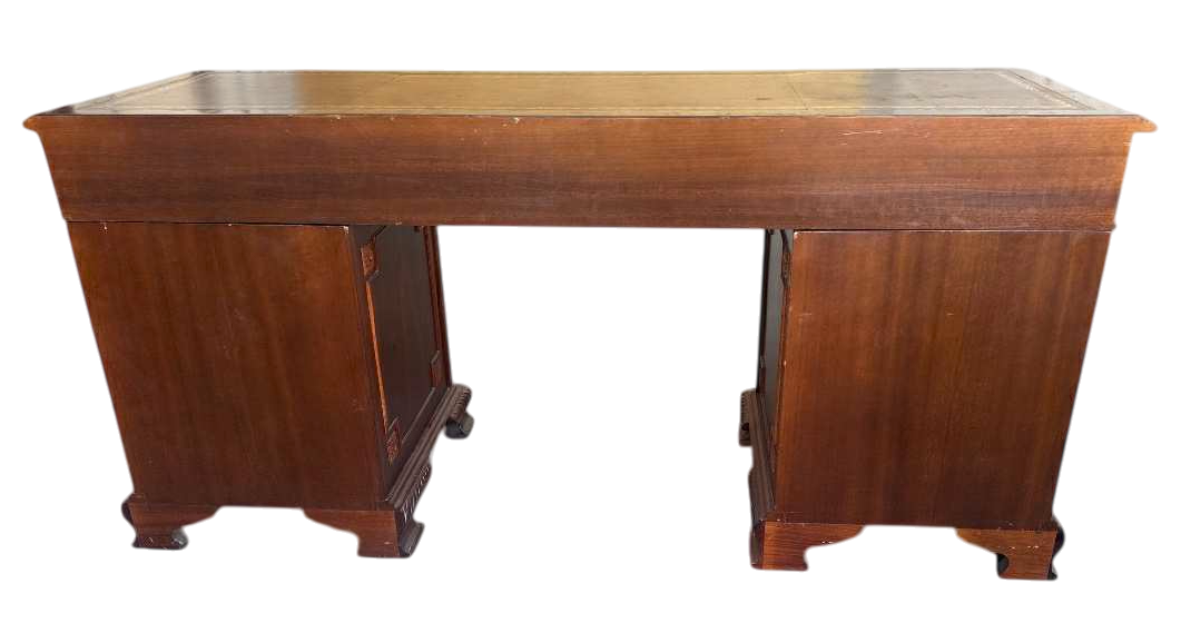 Carved Mahogany Double Pedestal Desk With Tooled Leather Top - Vintage Late 20th Century - Image 5