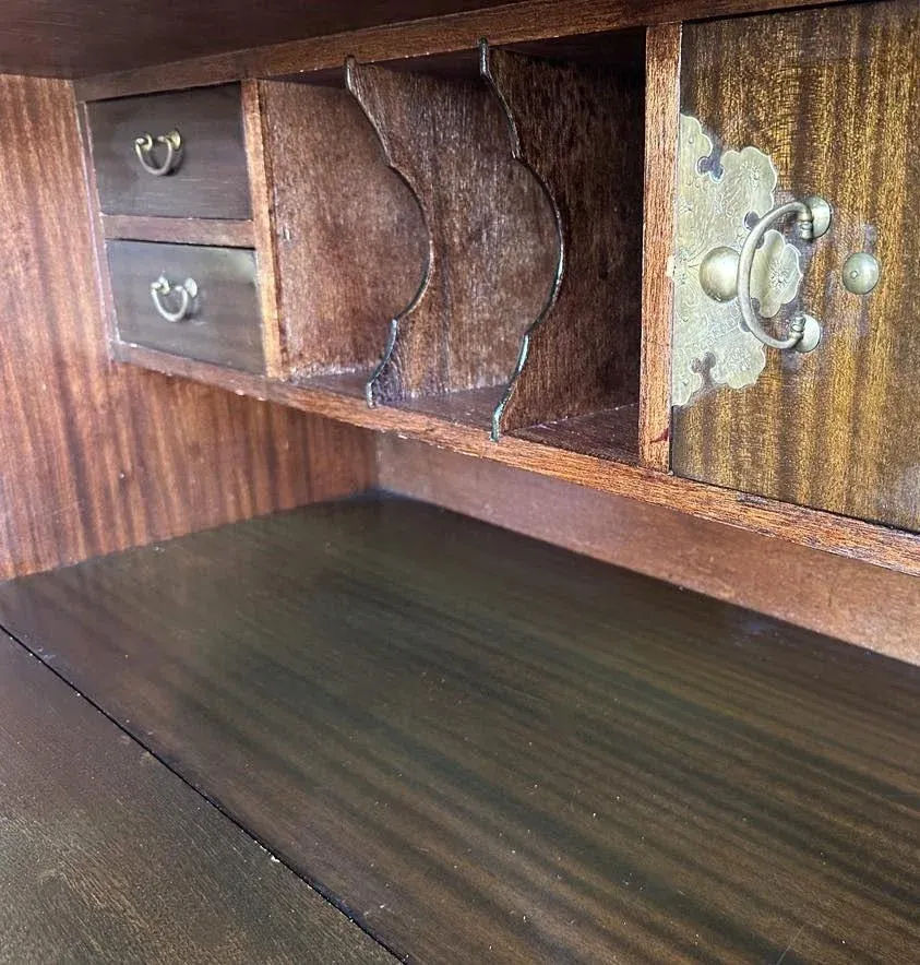 Korean Elmwood and Brass Campaign Style Secretary Desk - Vintage Late 20th Century - Image 5