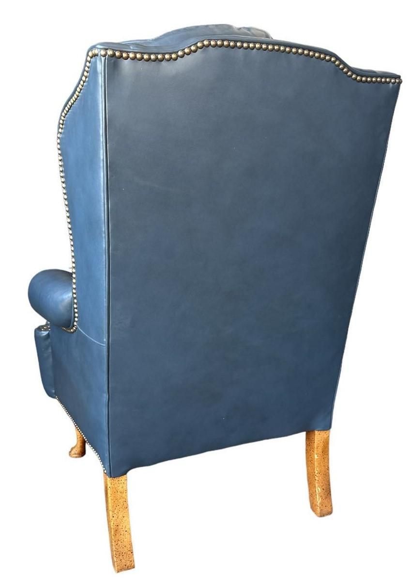 1980s Cornflower Blue Tufted Leather Chair and Ottoman Set Made in Hickory, North Carolina - Image 5