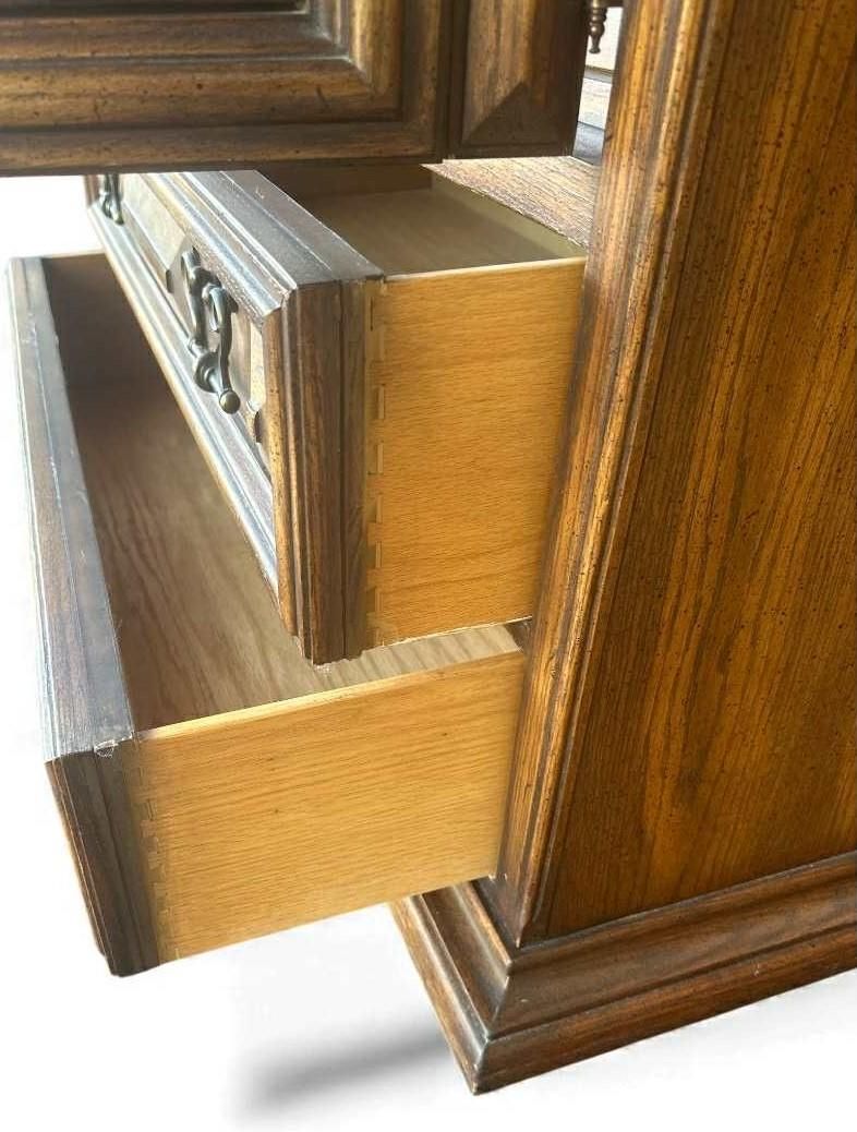 Spanish Colonial Revival Vintage Carved Solid Oak Gentleman's Chest or Armoire Crafted in North Carolina by United Furniture - Image 5
