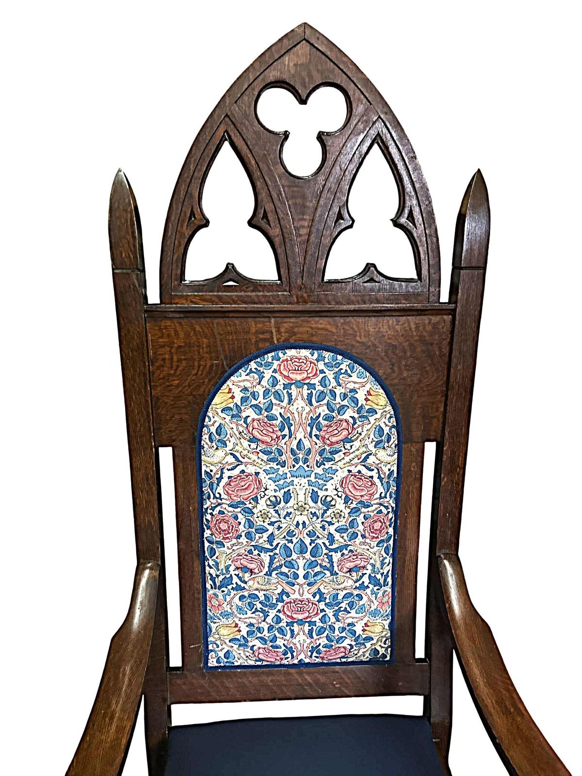 19th Century English Oak Bishop’s Throne Reupholstered With Leather and William Morris ‘Rose’ Linen - Image 5