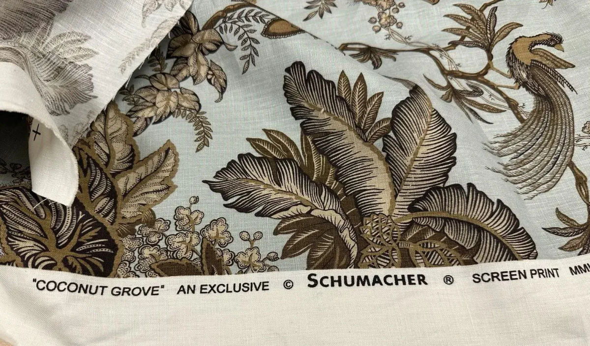 Pair of Vintage Bernhardt Rattan Chairs With New Schumacher Linen ‘Coconut Grove’ Seat Upholstery - Image 5