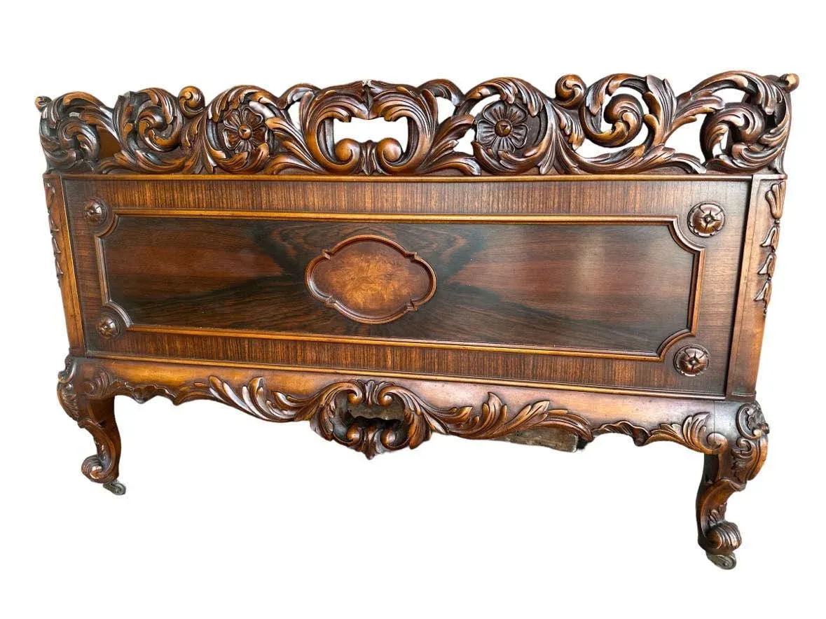 Antique Rococo Heavily Carved Burlwood and Walnut Bed Attributed to Kindel Grand Rapids - Twin Size - Circa 1910 - Image 5