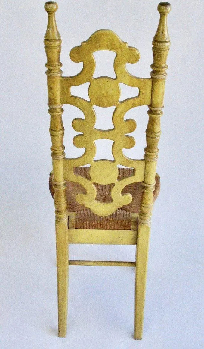 Thomasville Mid-Century Vintage Spanish Revival Oak Dining Chairs With Rush Seats and Distressed Yellow Paint - Set of 4 - Image 5