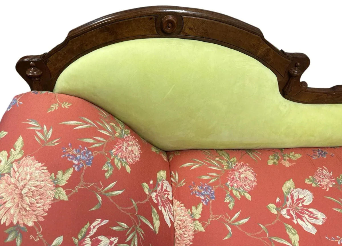 Antique 19th Century Fainting Couch With New Chartreuse Leather and Designer Fabric Upholstery - Image 5