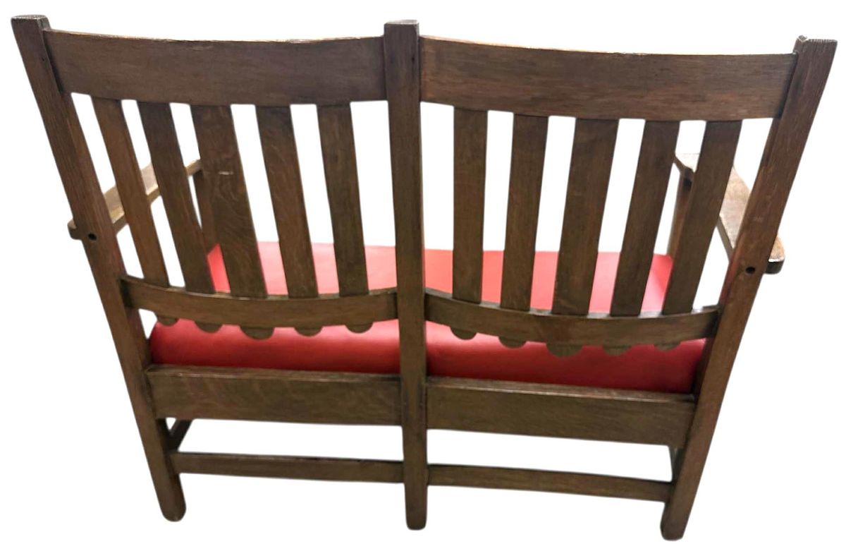 Stickley Brothers Grand Rapids Antique Settle Model #3887 - Quarter Sawn Oak and New Red Leather Seat - Circa 1910 - Image 5