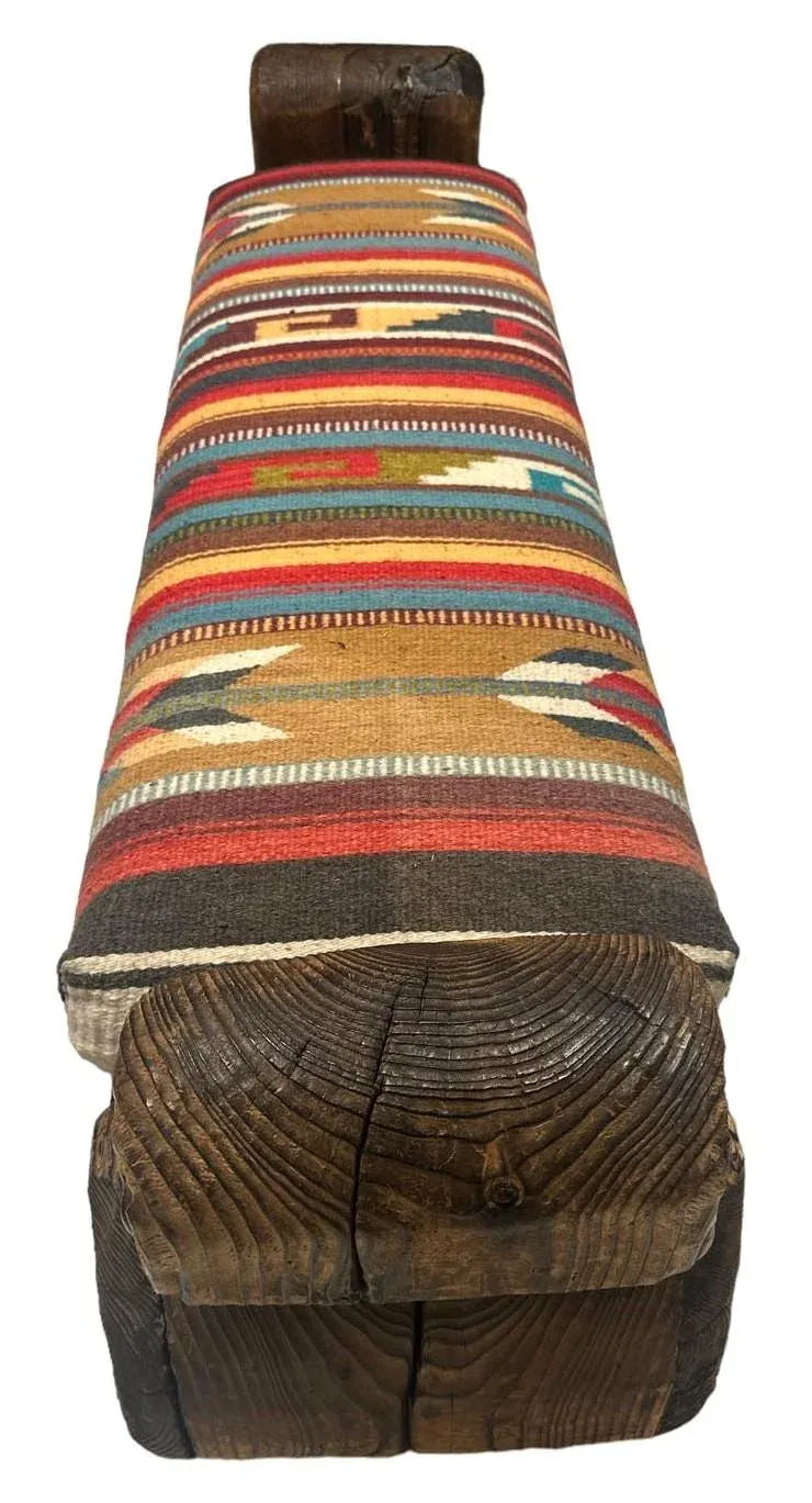 Rustic Hand Carved Mexican Wooden Bench With New Zapotec Tapestry Seat From Oaxaca - Image 5