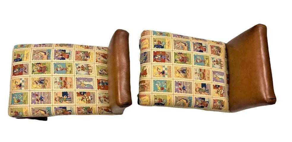 Mexican Loteria Fabric and New Leather Upholstery on Antique Footstools - a Pair - Image 5