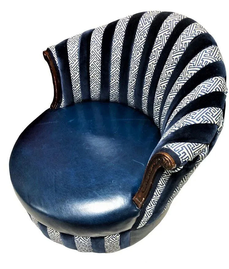 Mid 20th Century Round Accent Chair Reupholstered With Blue Velvet and Greek Key Fabric - Image 5