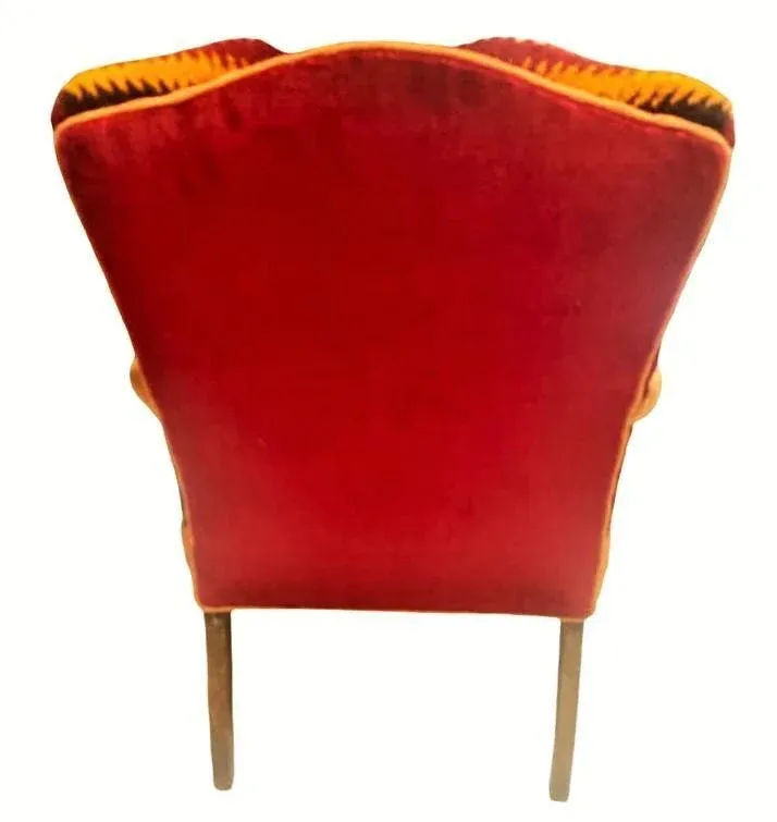 Pumpkin Colored Carved Antique Hacienda Chair Reupholstered With Hand Loomed Oaxaca Tapestry and Manta Cloth - Image 6