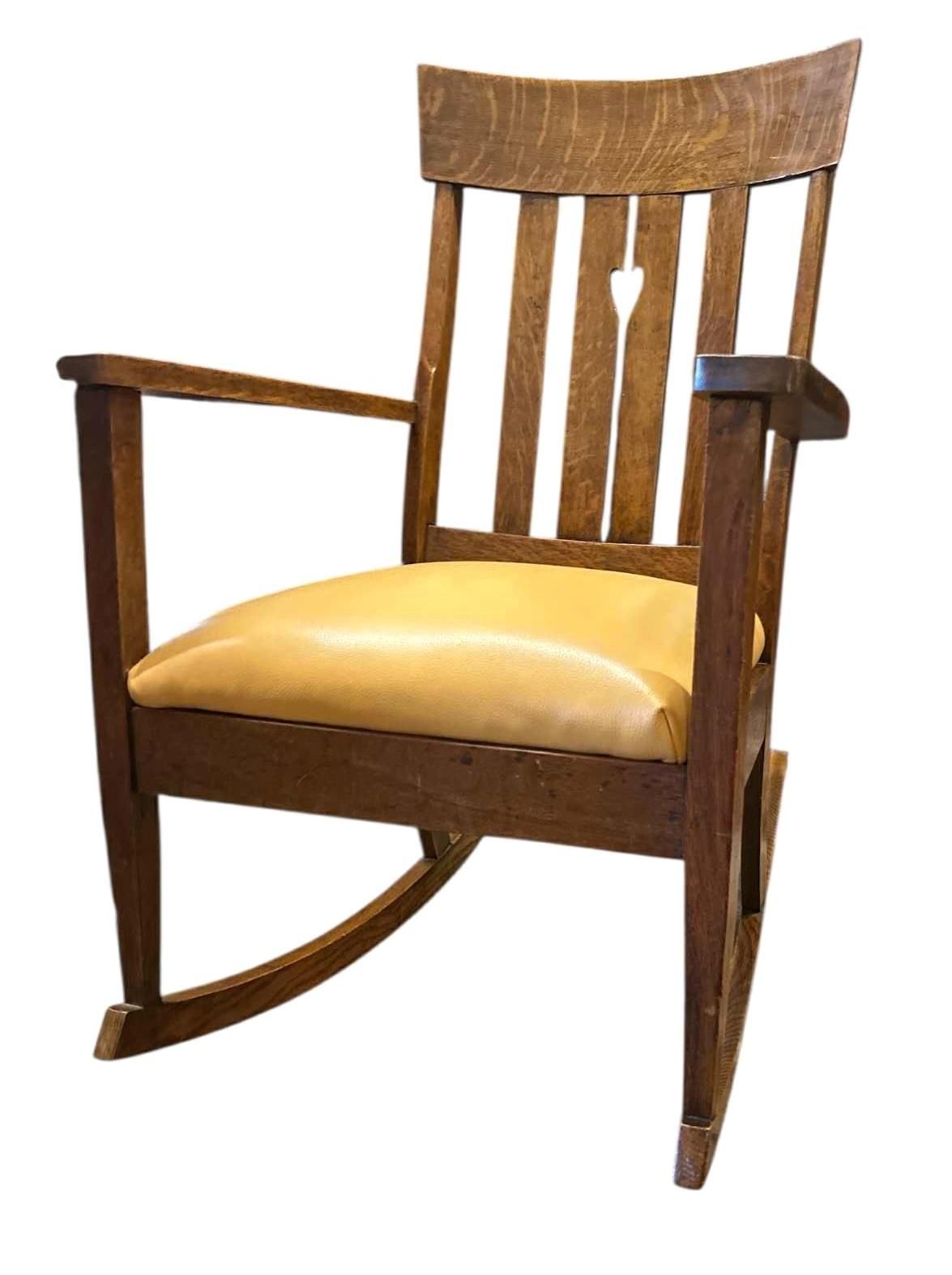 Antique Arts and Crafts Quarter Sawn Oak Rocking Chair With Heart Cutout and New Mustard Leather Seat - Circa 1905 - Image 6