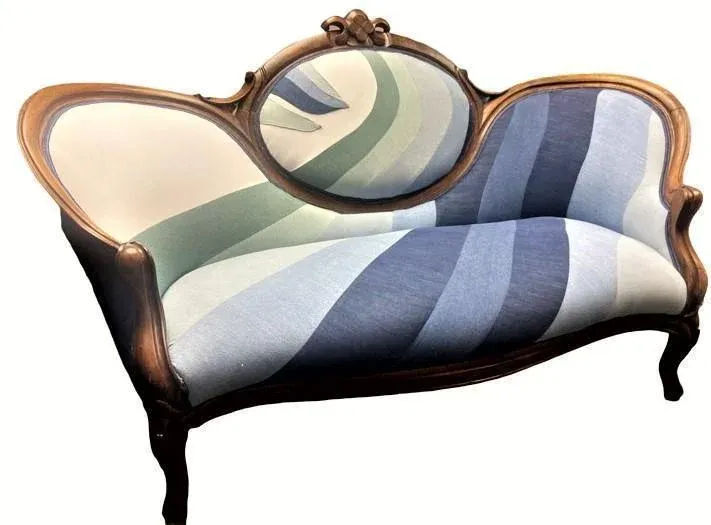 Mid 19th Century Walnut and Burlwood Parlor Medallion Sofa Reupholstered in 'New Wave' Design - Image 6