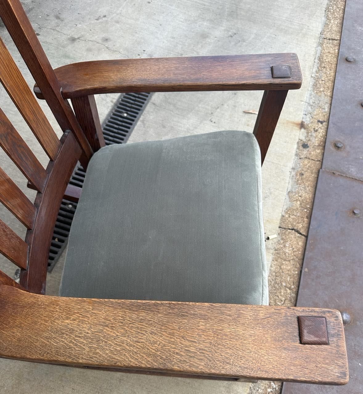 Antique Stickley Brothers Grand Rapids Mission Oak Rocking Chair With New Mohair Upholstery - Circa 1900 - Image 6