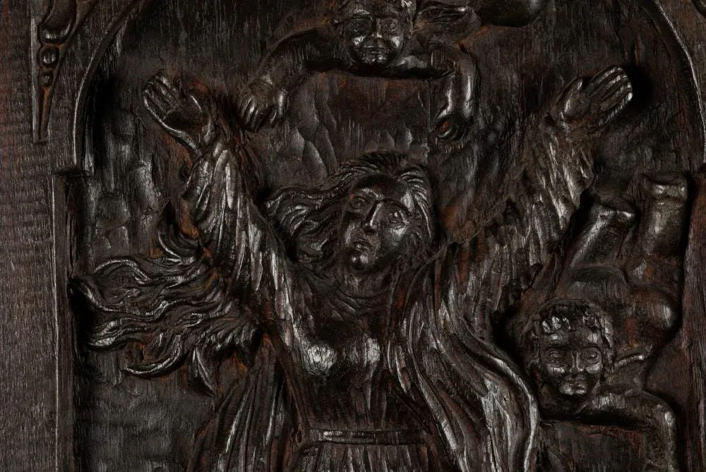 18th Century Spanish Colonial Religious Carved Wood Bas Relief Panel - Nuestra Señora Reina De Los Ángeles - Image 6