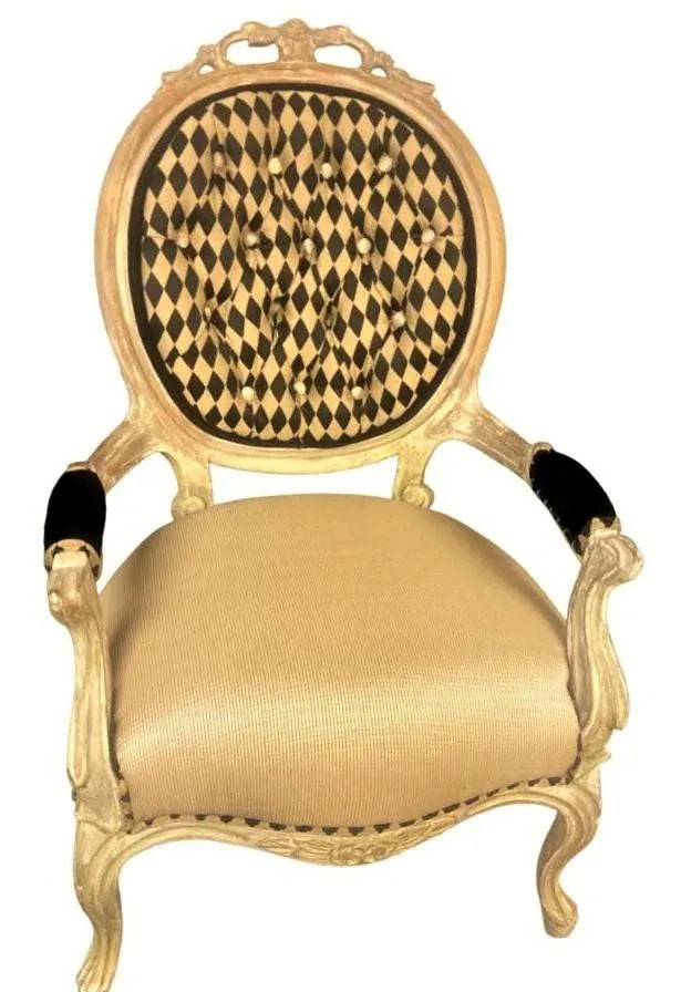 Antique 19th Century Louis XV Fauteuil in Cerused Walnut With New Black and Gold Harlequin Upholstery - Image 6