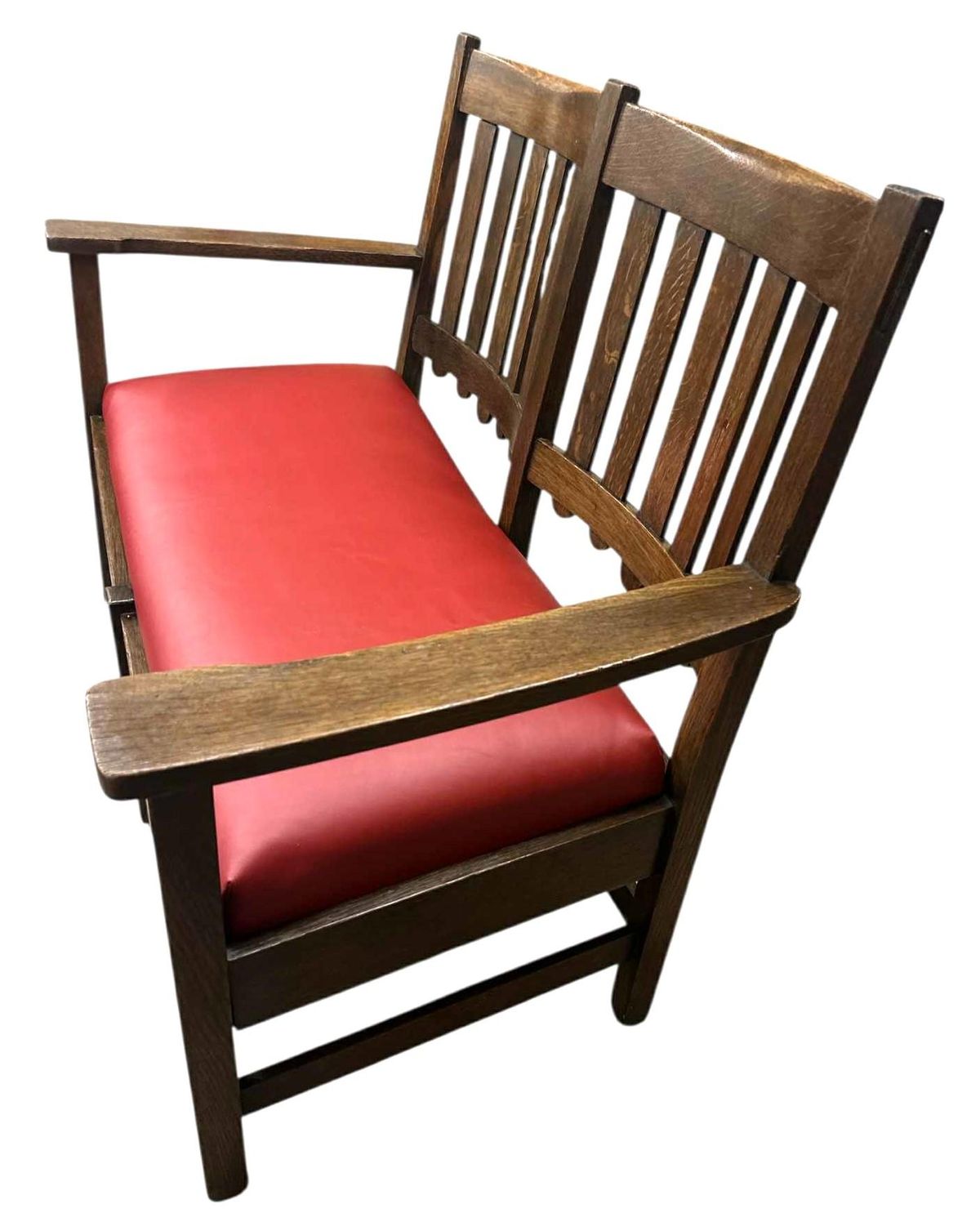 Stickley Brothers Grand Rapids Antique Settle Model #3887 - Quarter Sawn Oak and New Red Leather Seat - Circa 1910 - Image 6