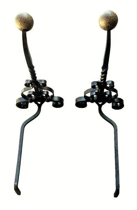 Massive 31" High Antique Arts & Crafts Pair of Andirons - Wrought Iron and Brass - Late 19th Century - Image 6