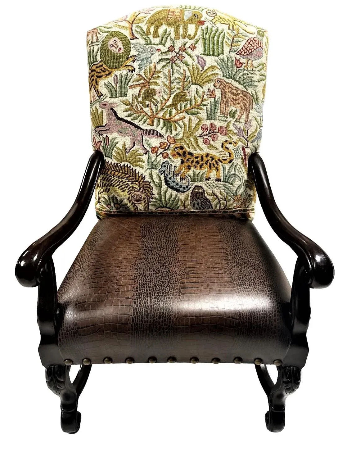 Hacienda Chair Upholstered With Jungle Animals Tapestry and Embossed Cowskin - Image 6