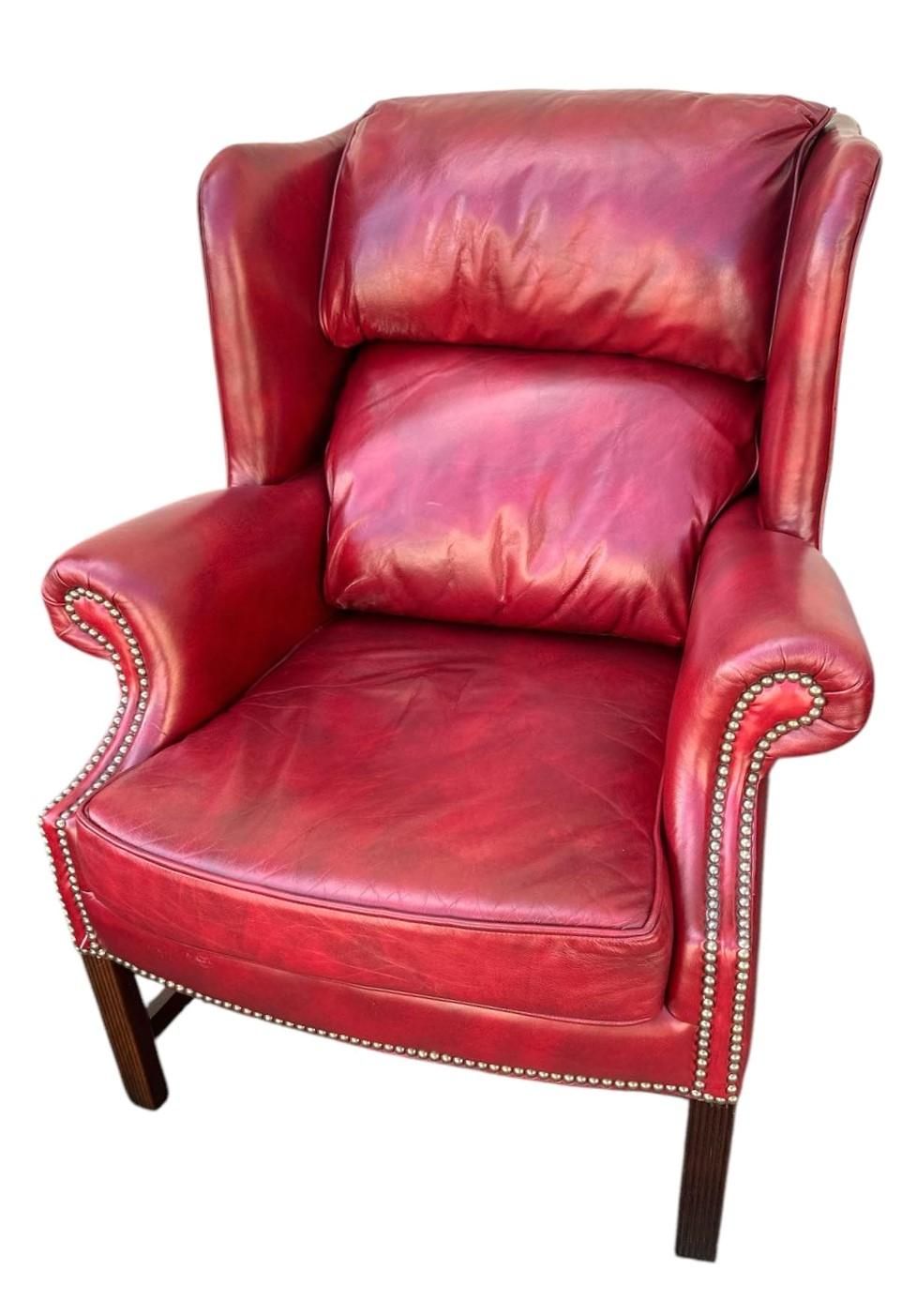 Cherry Red Leather and Mahogany Wingback Chair From St. Timothy of Hickory, North Carolina - Image 6