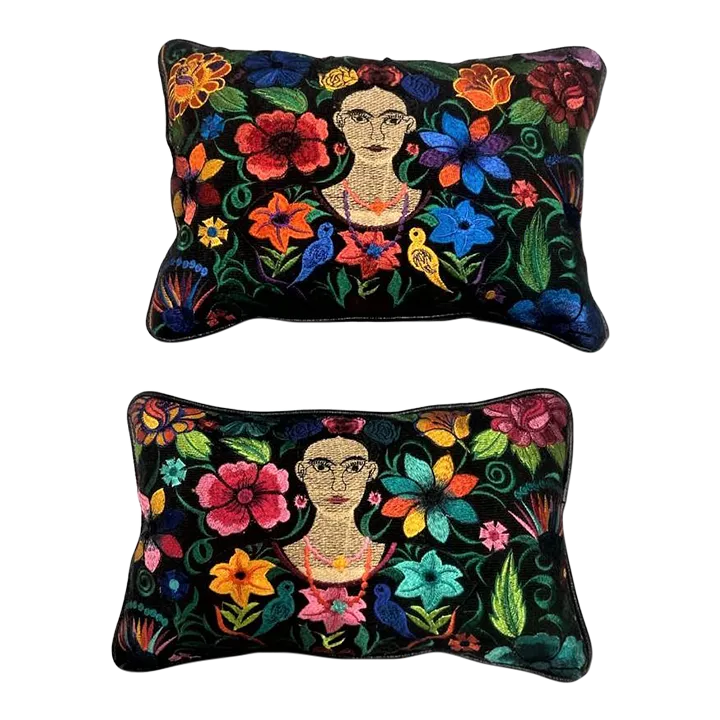 Frida Kahlo Image Chiapas Embroidery and Black Leather Accent Pillows - a Pair - Newly Made - Image 6