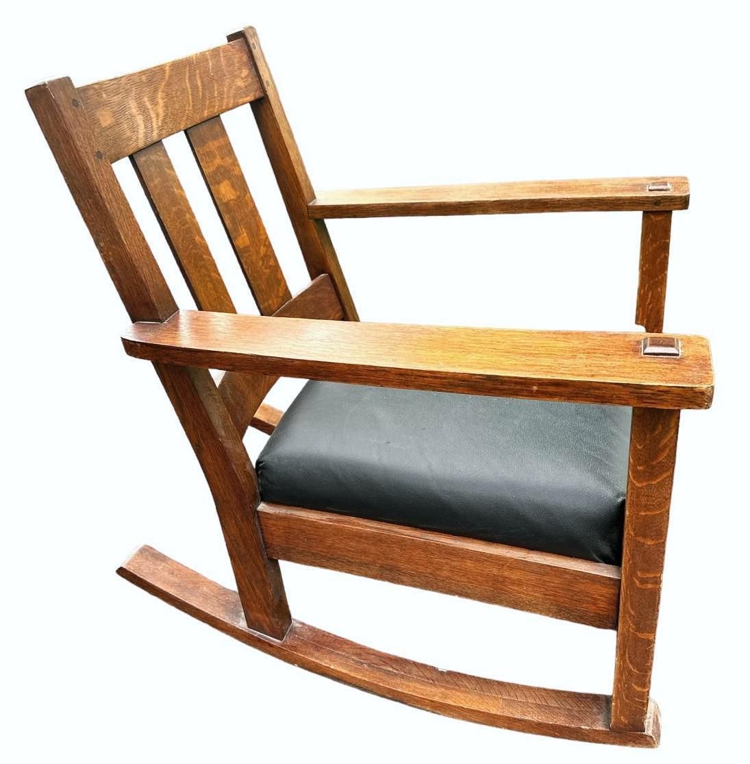 Signed Limbert Collectible Antique Arts & Crafts Quarter Sawn Oak Rocking Chair - Image 6